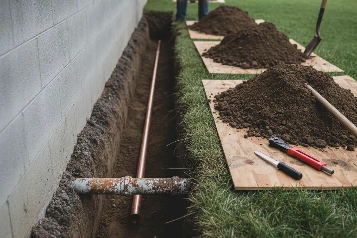 Excavated water line trench during Water Softener Installation in Mount Vernon